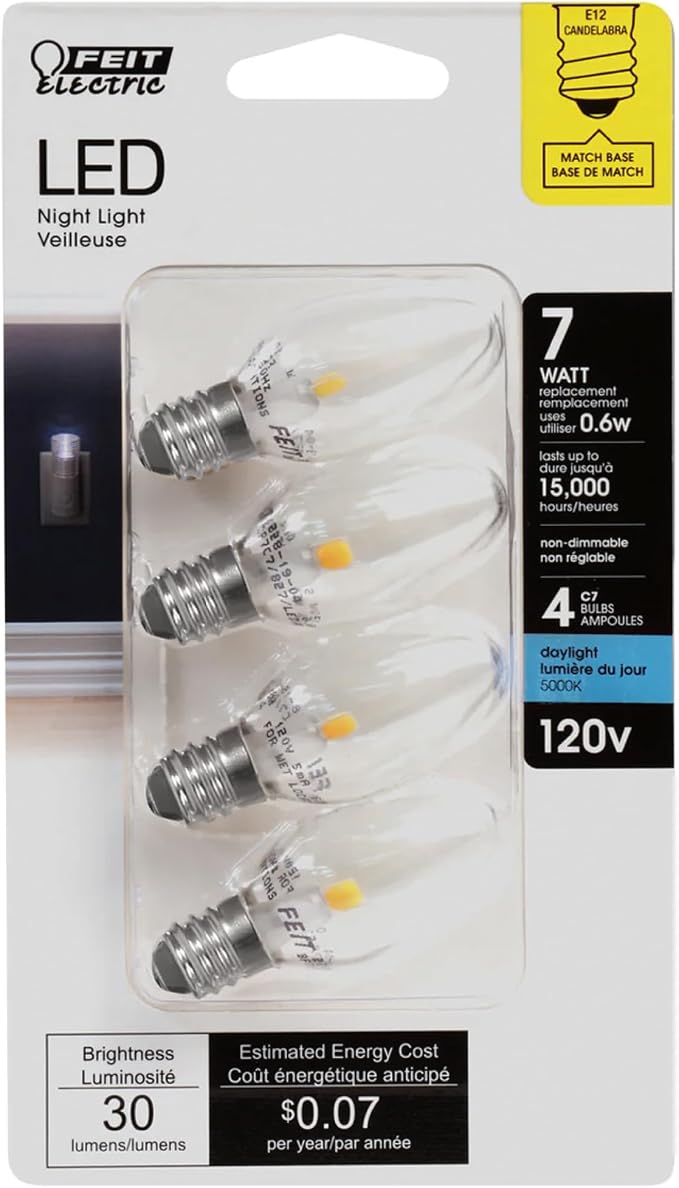 Electric C7 LED Night Light Bulbs 7W Equivalent E12 Base 4 Pack