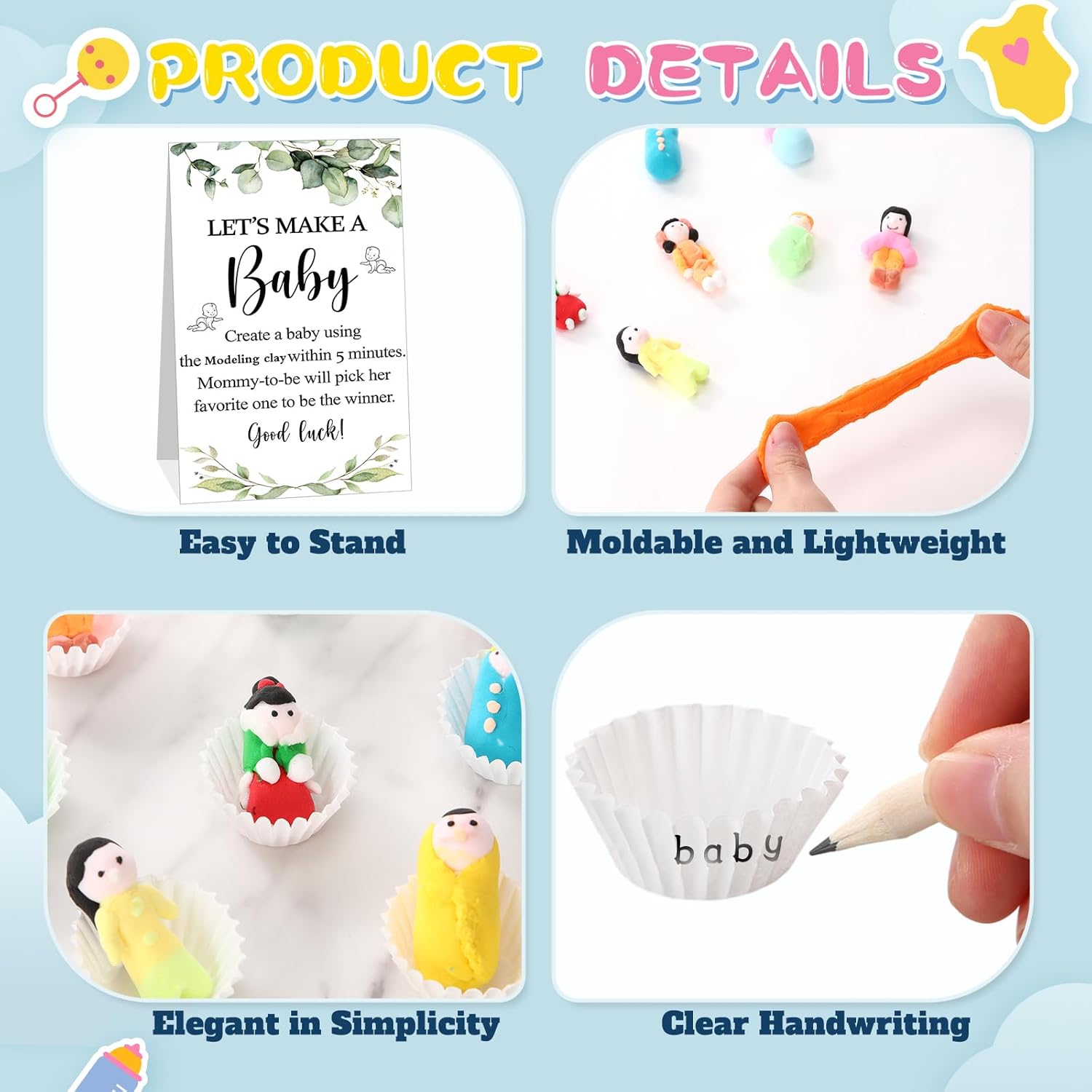 227 Pcs Eucalyptus Funny Baby Shower Games Set Decorations Let'S Make A Baby Modeling Clay Game Sign Kit 108 Modeling Clay 108 Cupcake Liners 10 Pencils For Gender Reveal Game Adult Art Diy