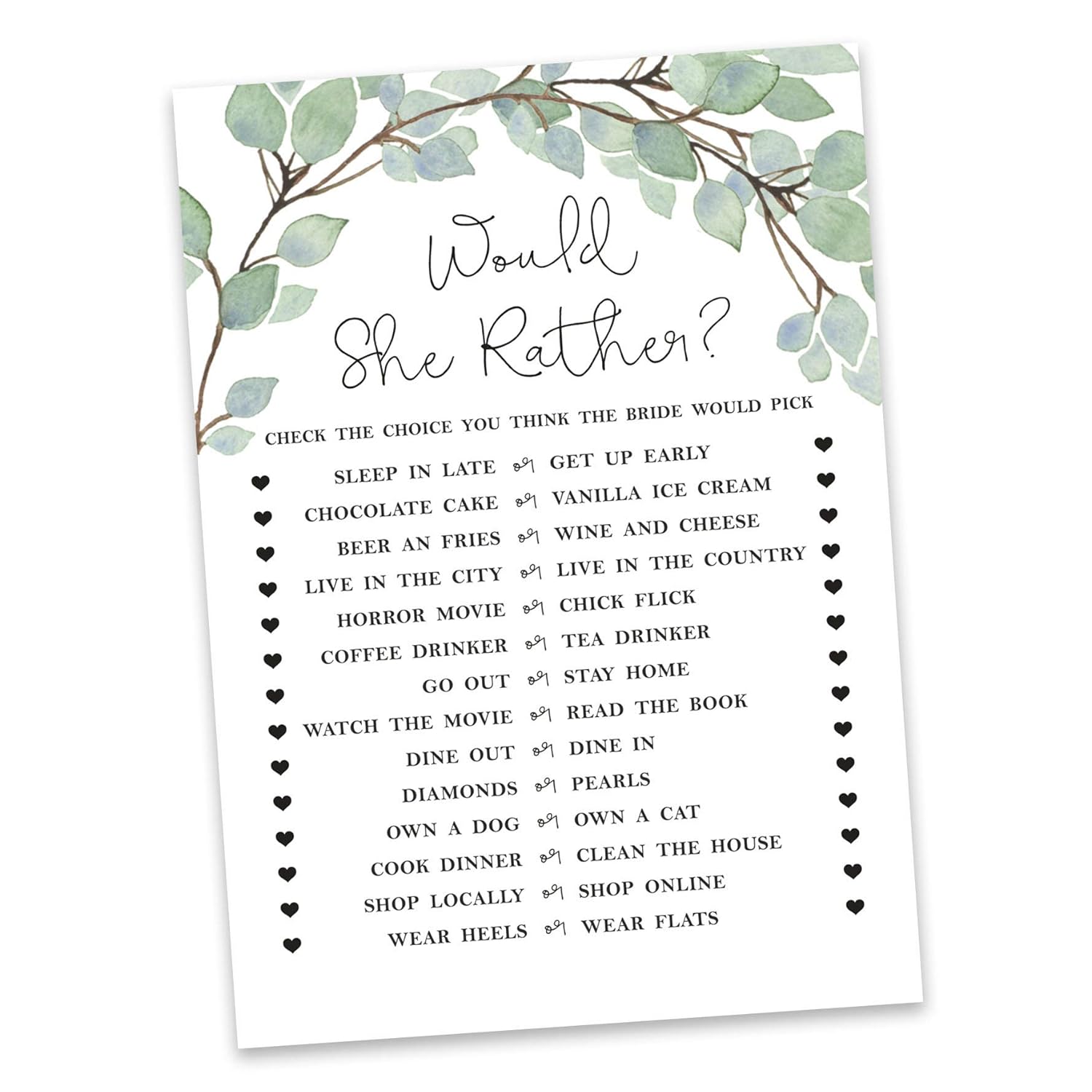 Would She Rather Bridal Wedding Shower Game Greenery Funny Rehearsal Dinner Guessing Game Bridal Shower Party Game Ideas