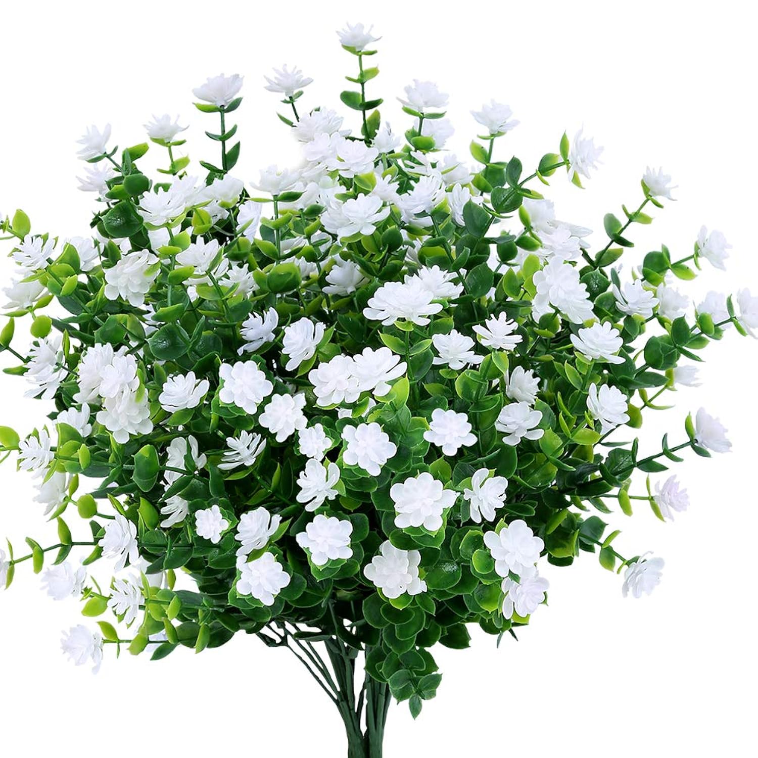 4 Bundles Outdoor Artificial Fake Flowers No Fade Uv Resistant Faux Plastic Plants For Hanging Planter Patio Yard Wedding Indoor Home Kitchen Farmhouse Décor (White)