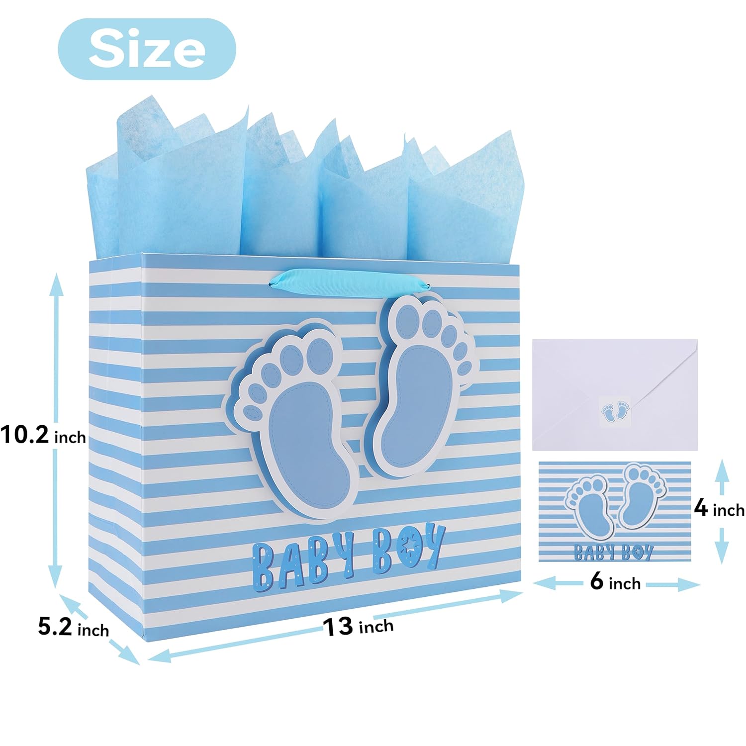 13” Large Baby Boy Gift Bag Set With Handles, Greeting Card, Blue Tissue Papers And Stickers For Boys Kids For Baby Shower, Boys' Birthday Party, Newborn, New Moms, Little One, 1St Baby, 3D Footprints Design, 1 Pcs