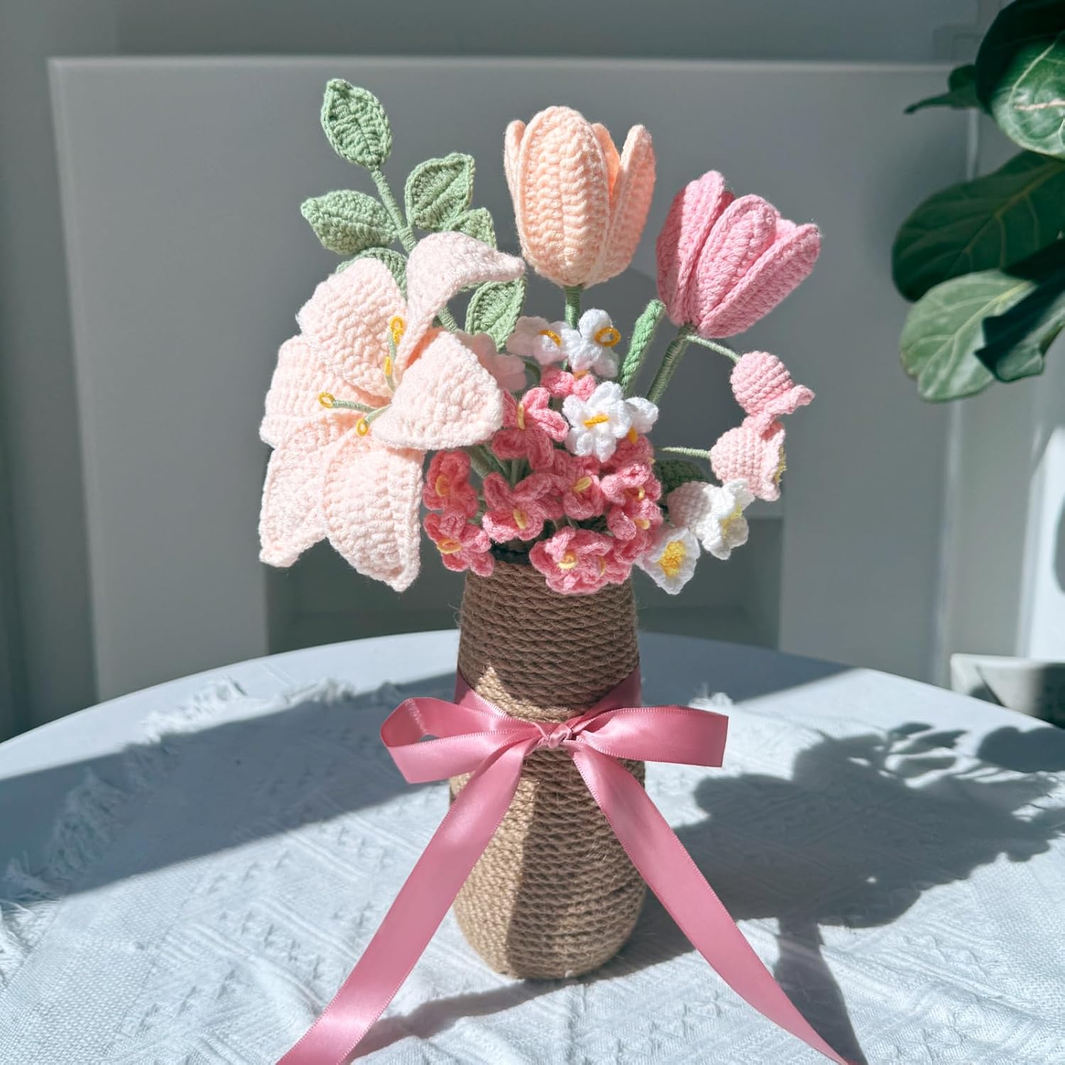 Handmade Crochet Rosetulip Lily As A Gift For Lover, Family,Friends. Crochet Bouquet, Crocheted Yarn Flowers, Artificial Flower Finished Bouquet (Pink).