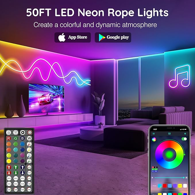 50FT RGB LED Neon Rope Lights App & Remote Control Music Sync IP65 Waterproof Strip