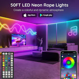 50FT RGB LED Neon Rope Lights App & Remote Control Music Sync IP65 Waterproof Strip