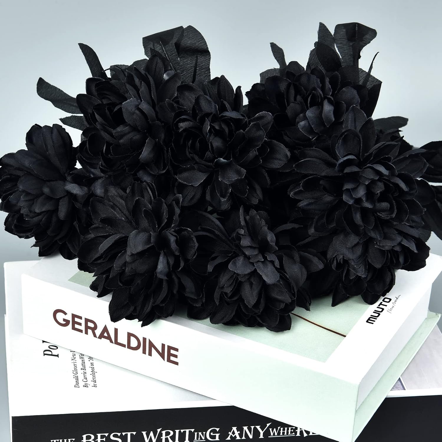 10 Pack Artificial Silk Dahlia Bouquet With Long Stem, 16” Black Fake Flower Floral Arrangements Wedding Bridal Bouquet For Halloween Harvest Festival Table Centerpieces Home Decor