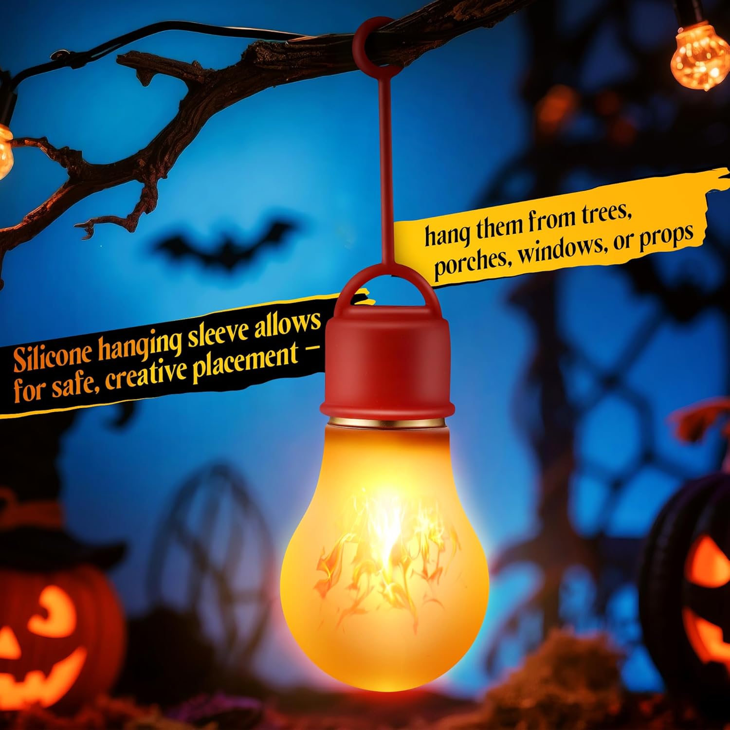 2 Pack Halloween Rechargeable A19 Flickering Flame Light Bulbs With E26 Conversion Interface & Silicone Hanging Sleeve, Fire Bulb For Christmas Party Decorations Outdoor Indoor Home Decor