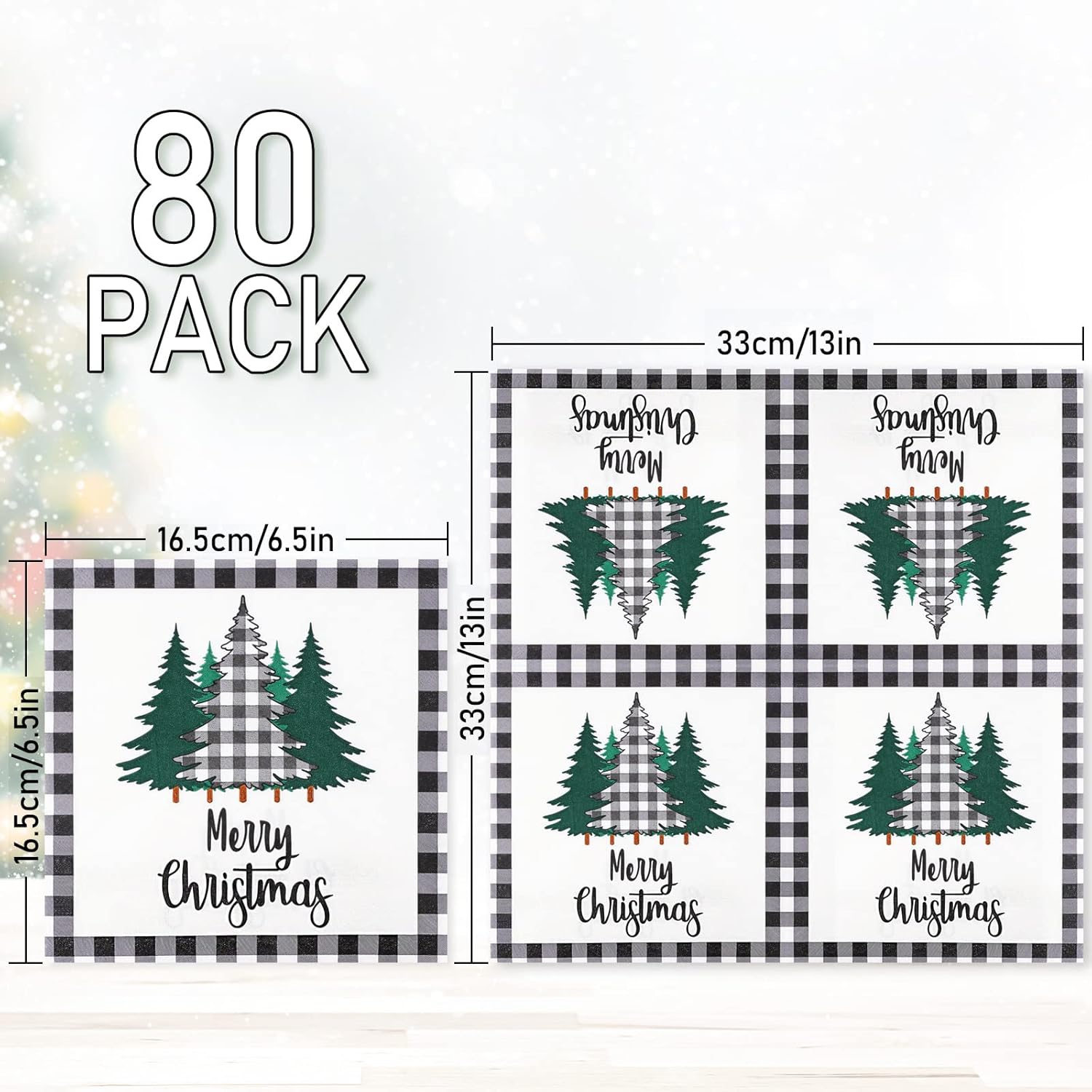 80 Pack Christmas Napkins Paper Xmas Tree Black White Buffalo Plaid Edge Pattern Disposable Napkins 6.5 Inch Merry Christmas Cocktail Napkins For Xmas Party Winter Holiday Dinner Supplies