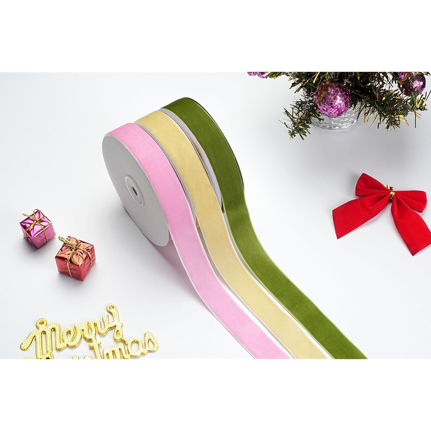 Velvet Ribbon Decorations For Christmas Tree Diy Crafts, Xmas Light Pink Ribbons For Wedding Hair Bows Flower Home Garland Decor 1'' X 10 Yards X 1 Roll