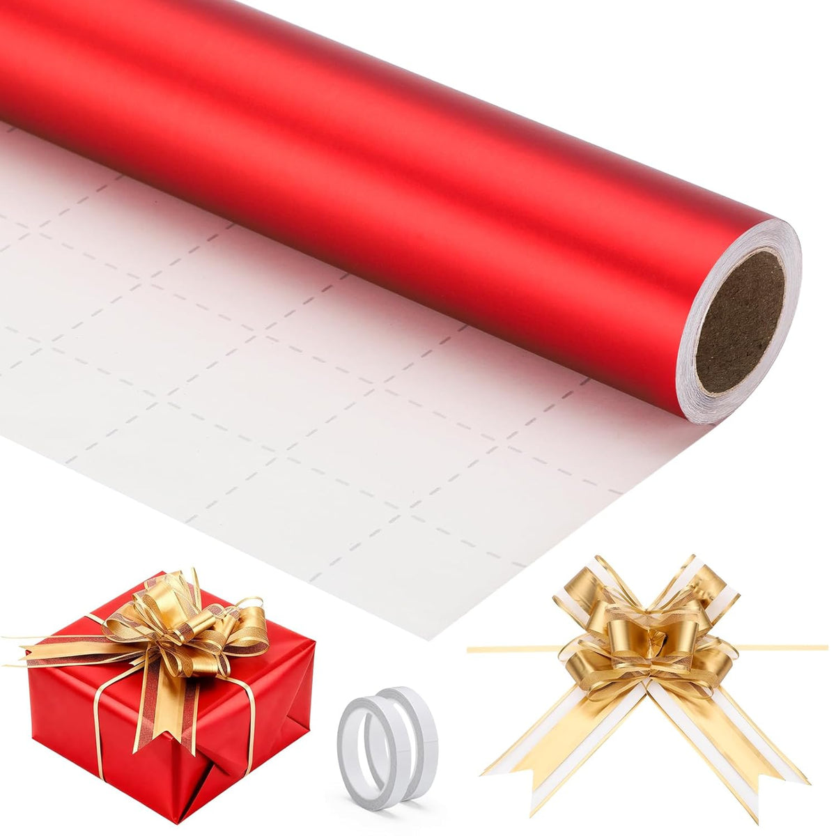 Red Wrapping Paper, 1 Roll 17 In X 32.8Ft Matte Metallic Gift Wrap With 10Pcs Gold Pull Bows, Gift Wrapping Paper Crafts Diy Bouquet Packaging Supplies For Weddings Birthday Holiday Party