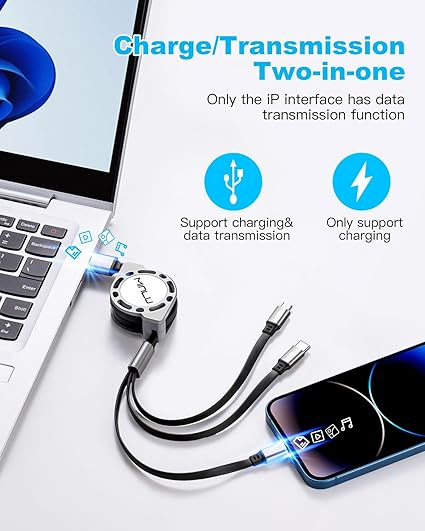 2 Pack Retractable 3 in 1 Multi Charging Cable 4FT 3A Fast Charger for iPhone Samsung USB C Micro USB