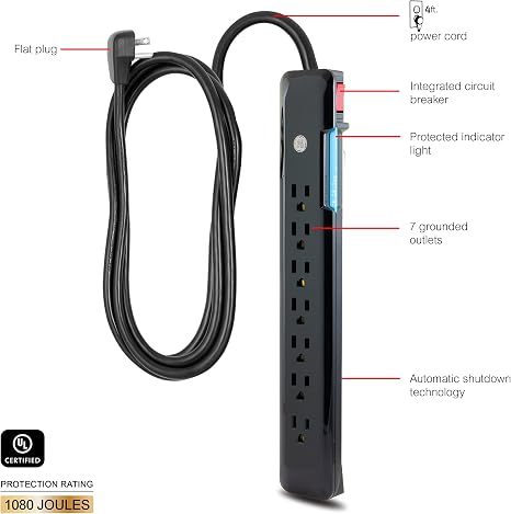 GE 7 Outlet Surge Protector 4FT Extension Cord 1080J Flat Plug Black