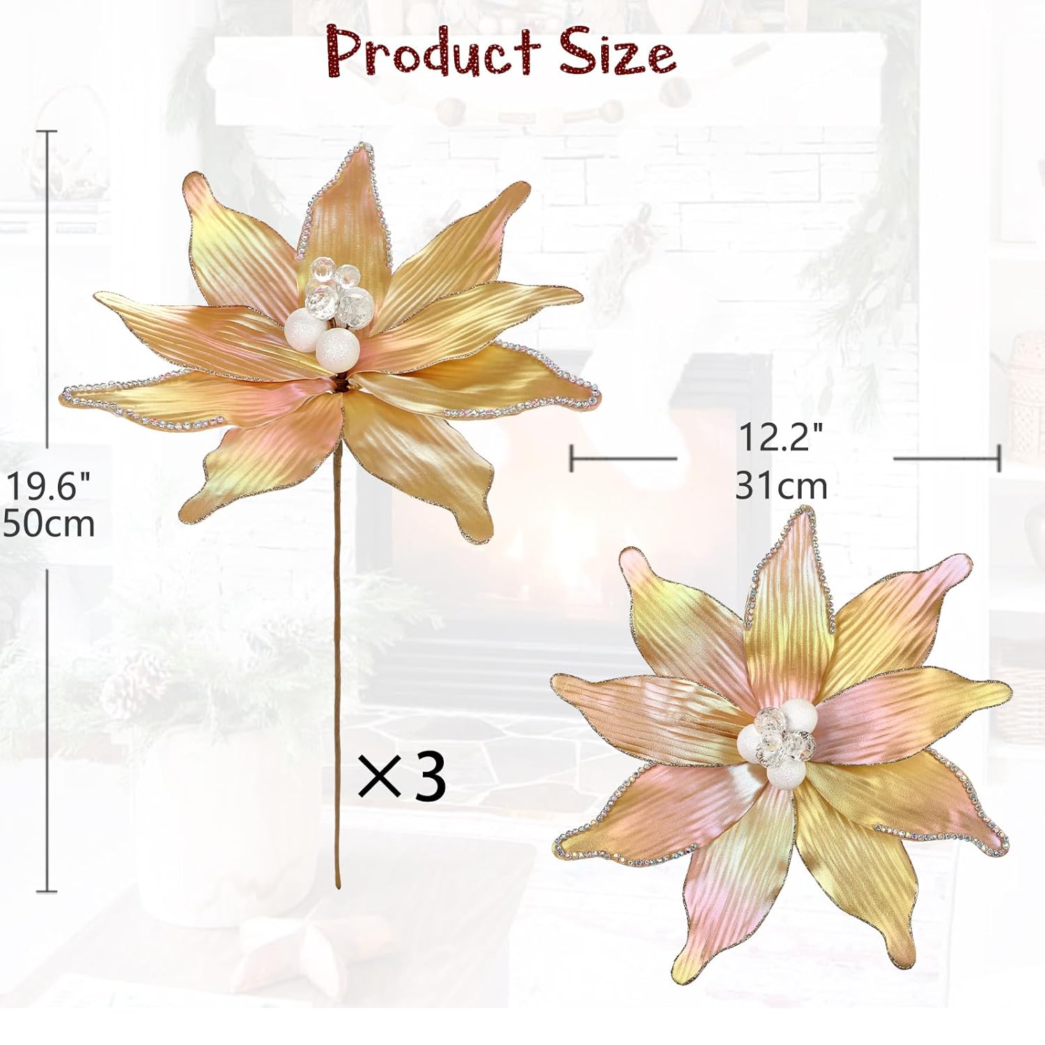 3Pcs Gold Poinsettia Flowers Artificial 12.2" Poinsettia Christmas Decorations Poinsettias Glitter Poinsettias Faux Flower For Christmas Tree For Xmas New Year Wedding Party Ornaments