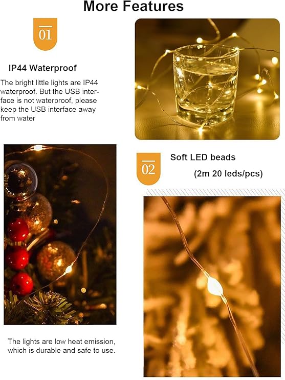 2M 20 LED Fairy String Lights USB Powered Warm White Mini Twinkle Lights for Desk Office Christmas Tree Party Bedroom Decor (2 Pack)