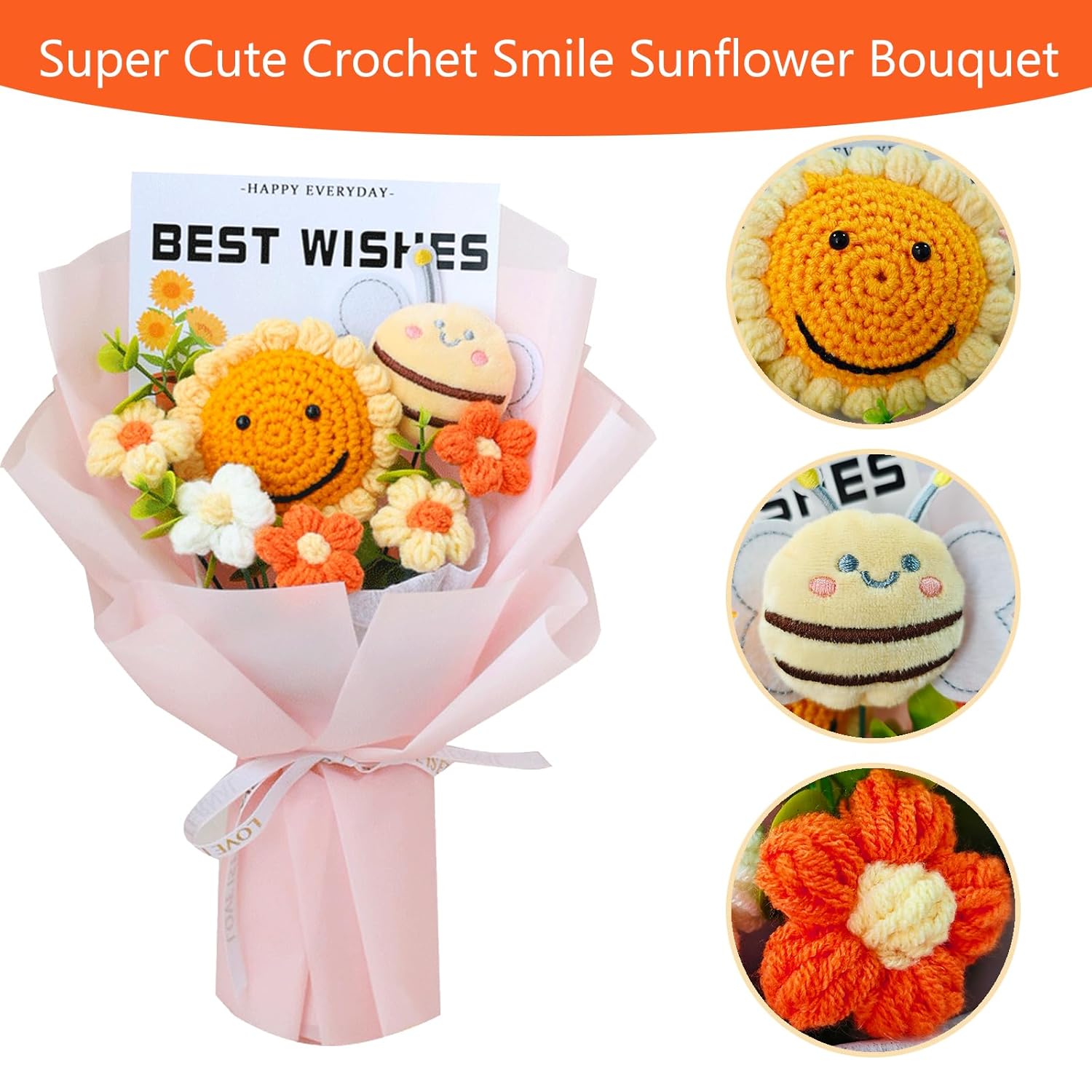 Pink Crochet Sunflower Bouquet, Plush Flower Bouquet-Lovely Bee & Eucalyptus - Knitted Flowers Gift Set With Gift Bag & Card Home Decor, For Her/Father (Sunflower And Bee)