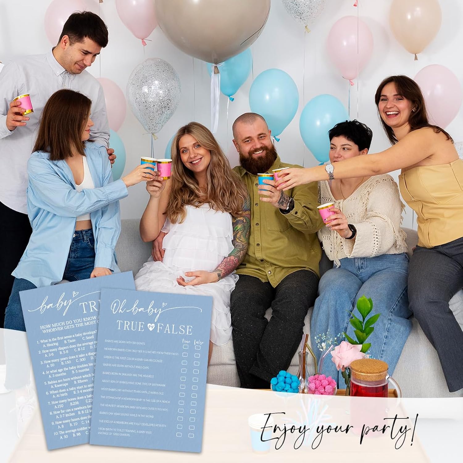 30 Pcs Baby Shower Game Cards & 1 Pcs Answer Card - True Or False & Baby Trivia - Minimalism Blue Double-Sided Game Gender Reveal,Announcement Party Supplies - B04