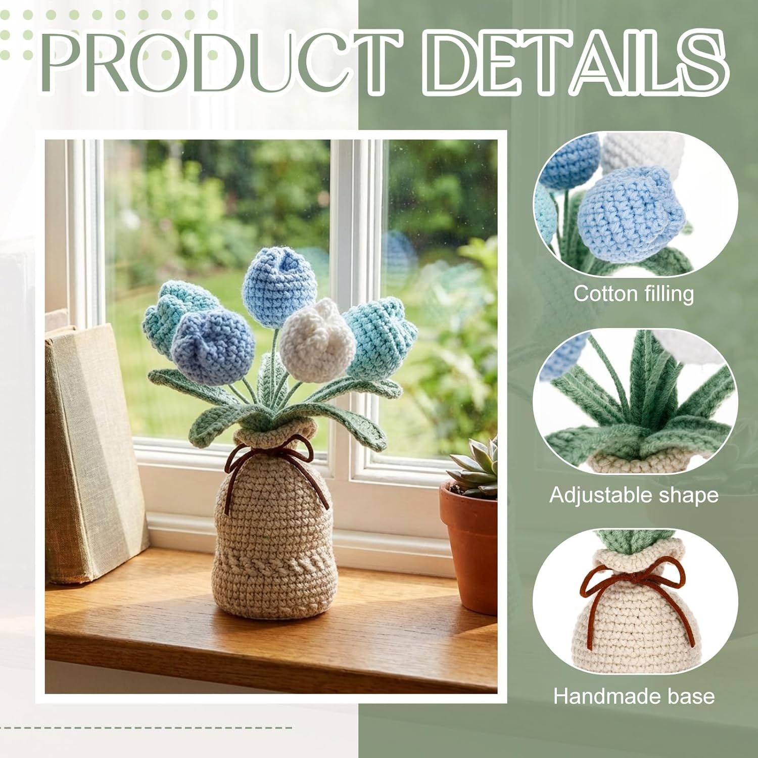 Crochet Knitting Tulip Bouquet With Vase 7" Knitted Artificial Forever Tulip Handmade Woven Flower With Exquisite Pot Gift For Valentine'S Day Back To School Gift Family Home Desk Decor(Blue)