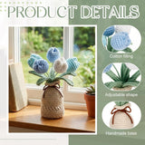 Crochet Knitting Tulip Bouquet With Vase 7" Knitted Artificial Forever Tulip Handmade Woven Flower With Exquisite Pot Gift For Valentine'S Day Back To School Gift Family Home Desk Decor(Blue)