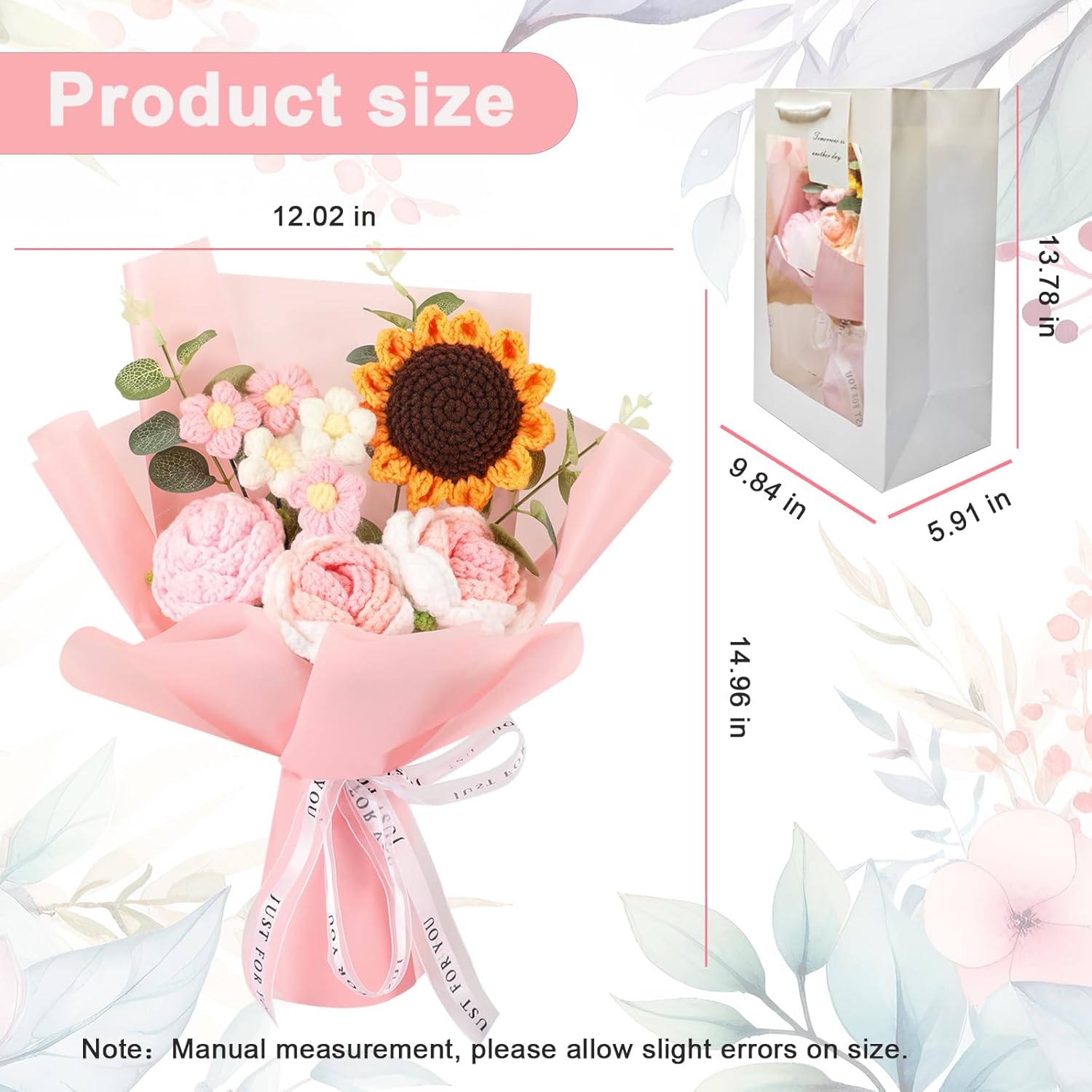 Crochet Flower Bouquet: Sunflower Handmade Artificial Flower Knitted Rose Puff Flower Fairy Light Gift Card Bag Kit For Mother Father Lover Festival Wedding Graduation Gift Anniversary?Pink?