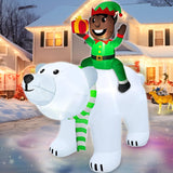 Christmas Inflatable Decorations Outdoor - 6 Ft Ht X 6.4 Ft L Christmas Black Santa Elf Riding The Polar Bear Built-In L