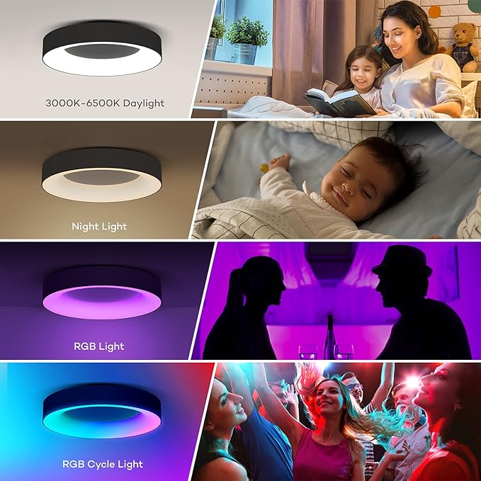 11 Inch RGB LED Ceiling Light with Remote Black Flush Mount Fixture