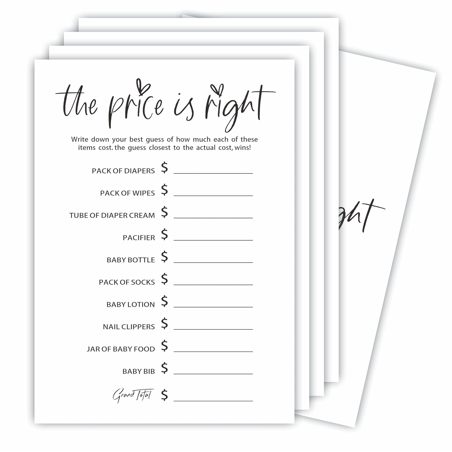 The Price Is Right Baby Shower Game Set - Classic White - 30 Double-Sided Fill In Style Game Cards, Gender Reveal, Baby Announcement, Party Favor & Supplies - B07
