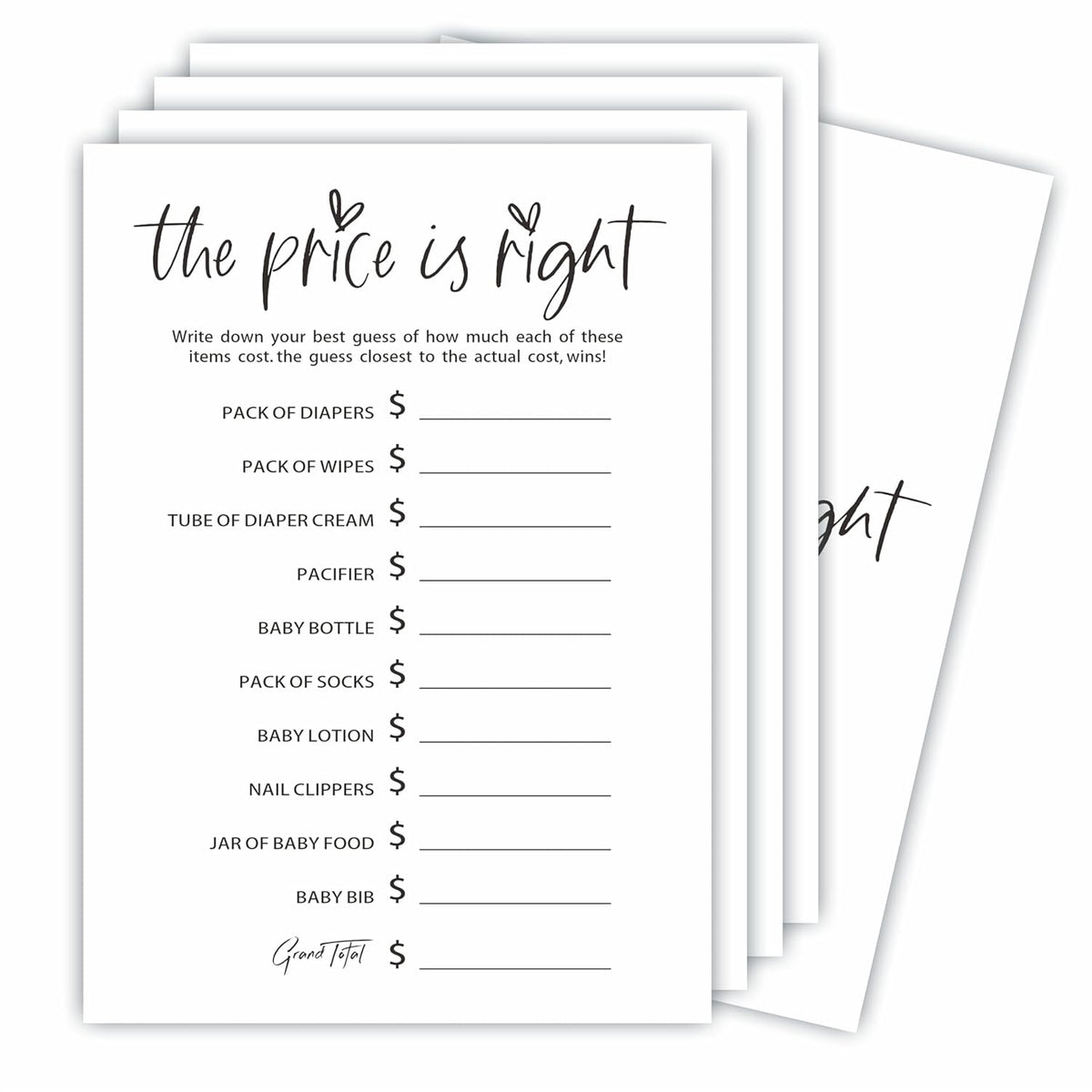 The Price Is Right Baby Shower Game Set - Classic White - 30 Double-Sided Fill In Style Game Cards, Gender Reveal, Baby Announcement, Party Favor & Supplies - B07