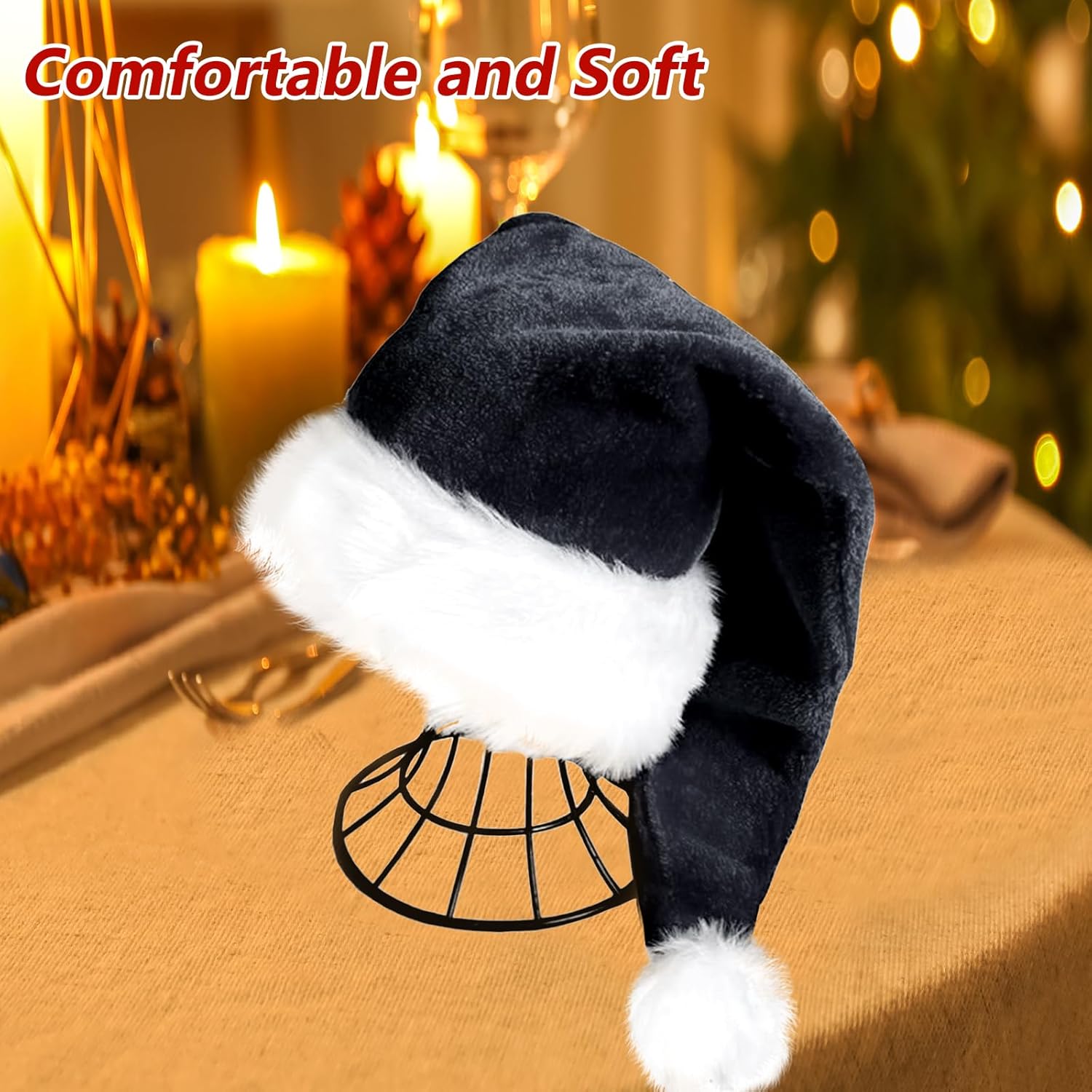 Zhxkjhky 3 Pack Velvet Santa Hats - Deluxe Christmas Plush Hats For Man, Woman & Family Parties, Black