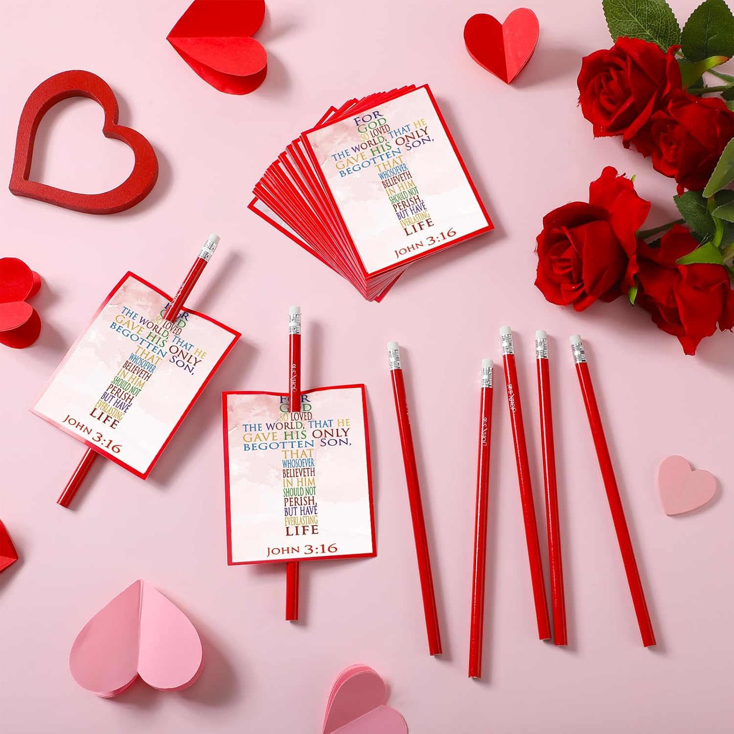24 Set Christian Valentines Cards With Pencils For Kids John 3:16 Valentine Religious Card Exchange Bulk Gifts For Valentines Party Favor Sunday School Classroom Prizes