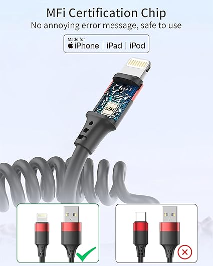 2 Pack Coiled USB to Lightning Cable Retractable iPhone Charger Cord MFi Certified