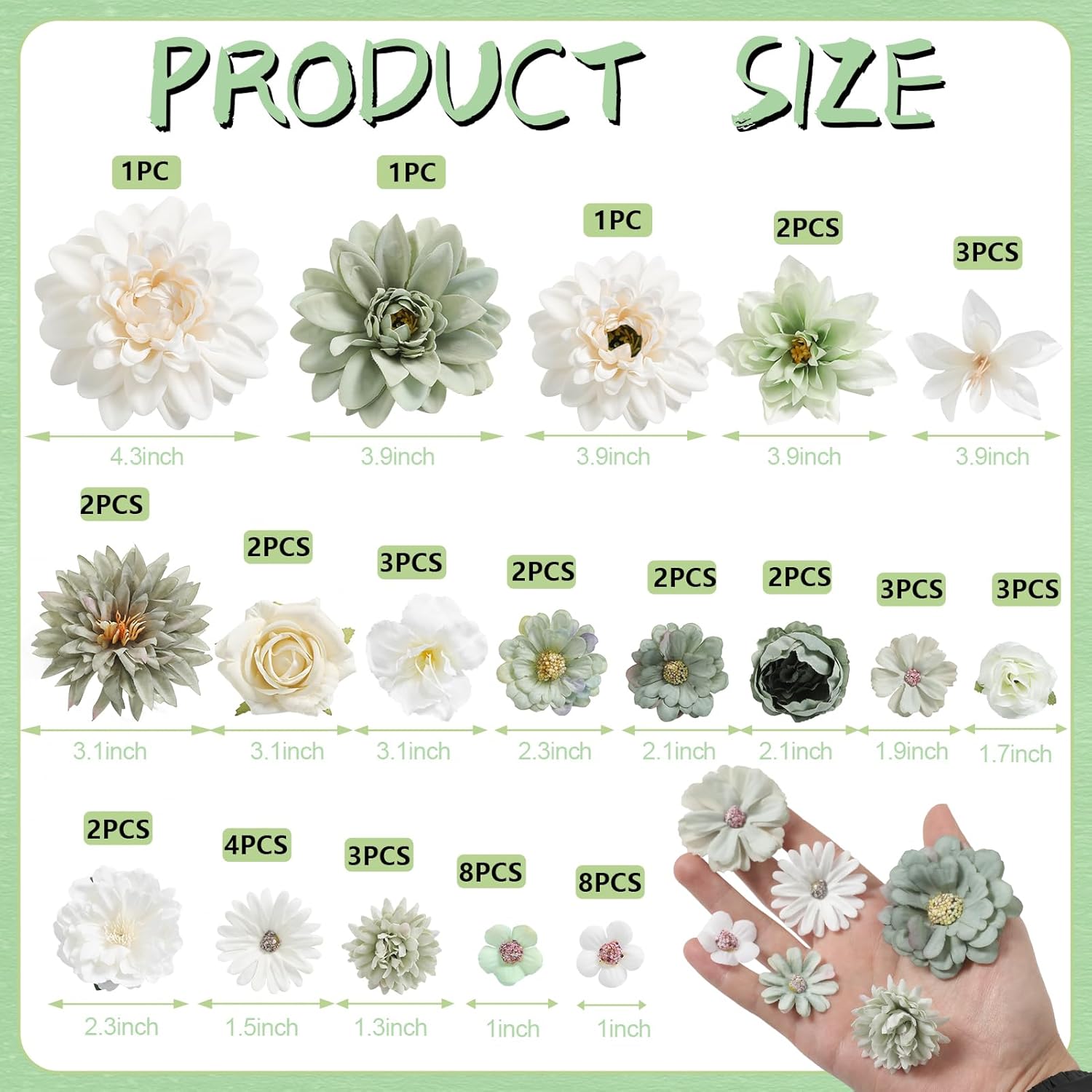 Artificial Flowers Heads Combo White Green Flowers Mix Silk Flowers Dahlia Roses For Graduation Cap Diy Cake Wedding Party Floral Arrangement Table Centerpieces Home Decorations