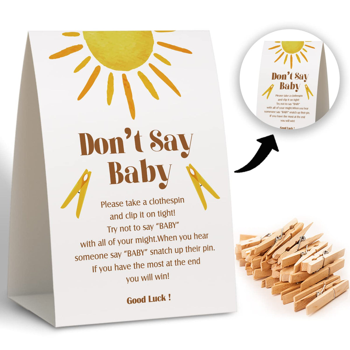 Don'T Say Baby Clothespin Game, Sunshine Baby Shower Games(Pack Of 1 Sign And 50 Mini Clothespins),Baby Shower Decorations,Baby Shower Game Gender Neutral,Party Favors Supplies - 54