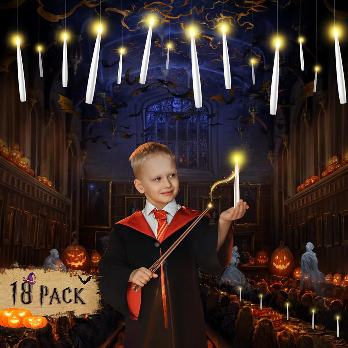 Christmas Floating Candles 18 Pcs - Magical Flameless Candles With Wand Flickering Warm Lights Ideal For Indoor Window Bedroom Christmas Cosplay Birthday Theme Party Decor