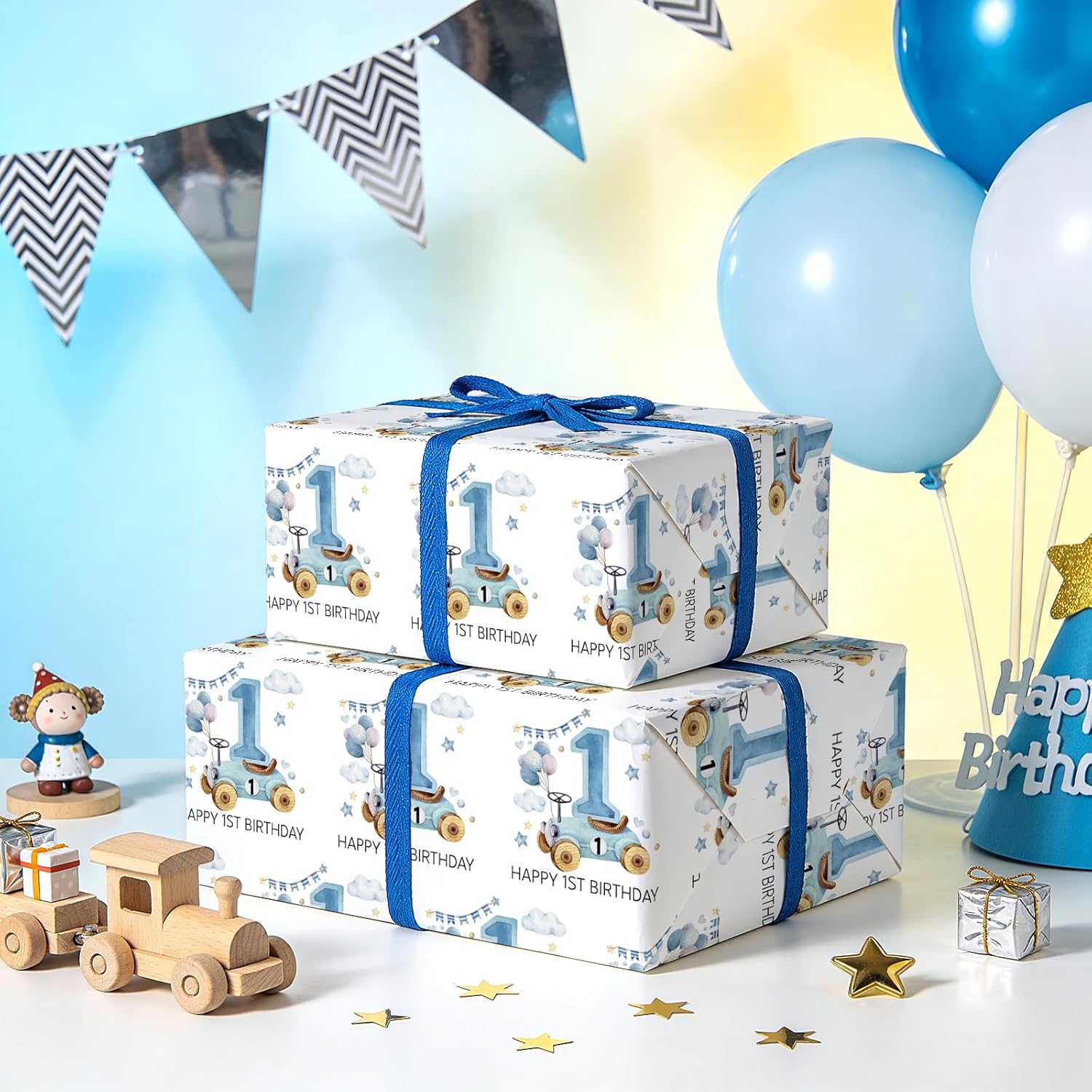Racing Car 1St Birthday Wrapping Paper Roll - Mini Roll - 17 Inch X 16.5 Feet - Blue Happy 1St Birthday Race Car Wrapping Paper For Baby Boy, Kids Party, Baby Shower