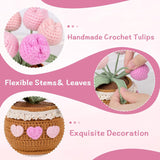 Handmade Potted Crochet Tulip Bouquet, Blush Pink Crocheted Tulips Hand Woven Flowers Knitted Flowers In Exquisite Pot Gift For Women Friends Kids For Home Desk Decor
