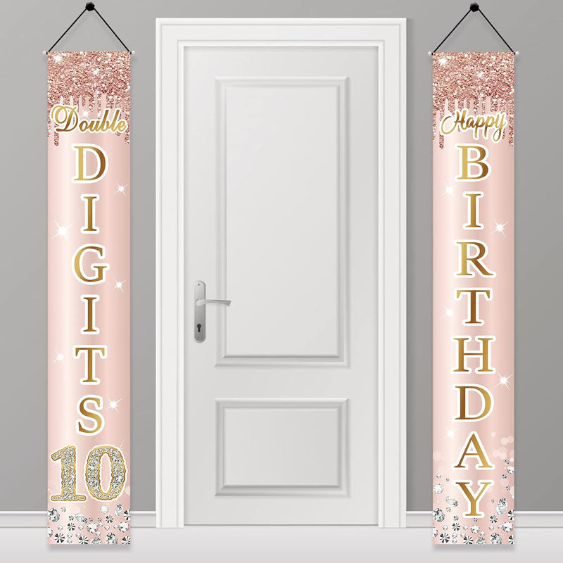 10Th Birthday Door Banner Decorations For Girls, Pink Rose Gold Double