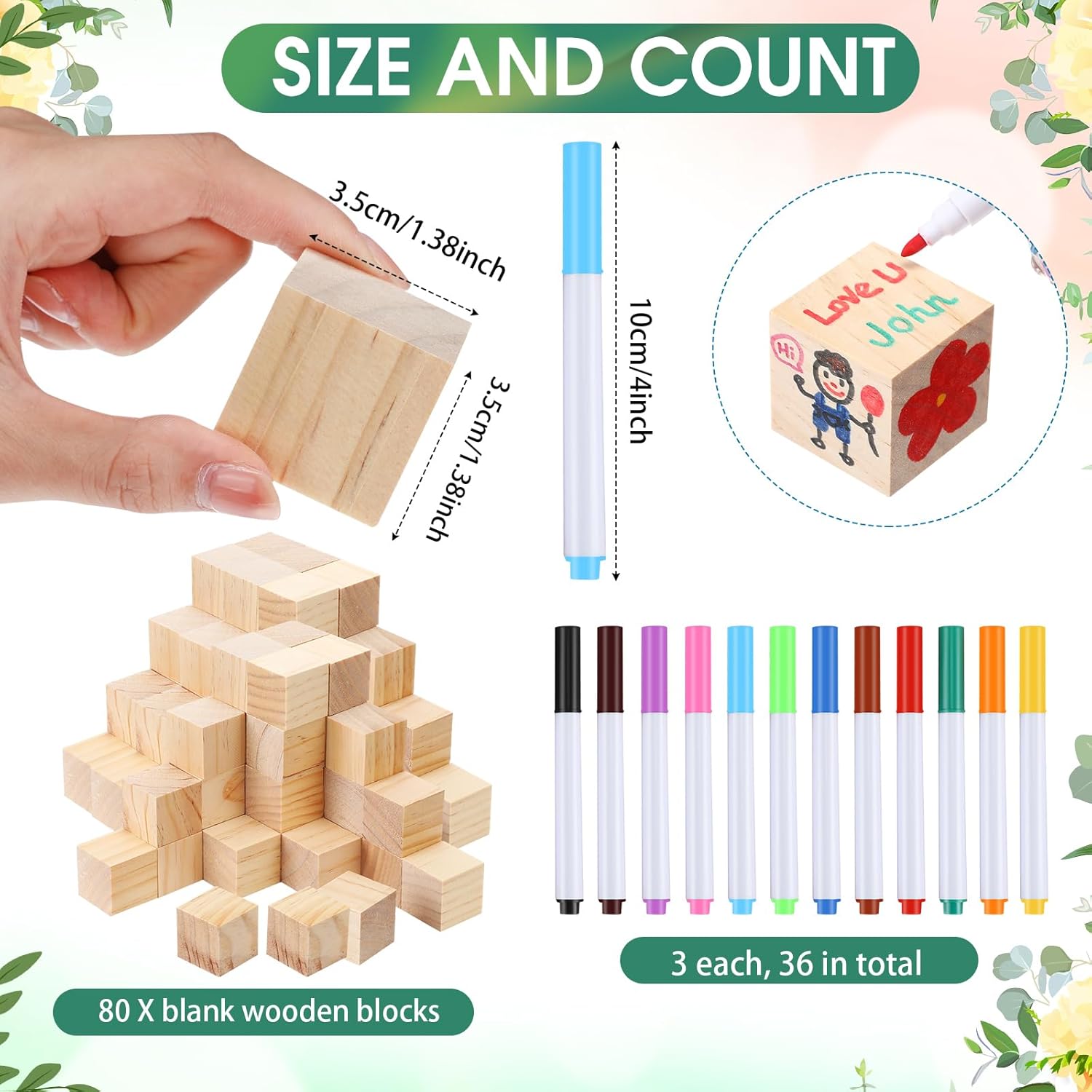 117 Pcs Baby Shower Block Games Sign Kit Including Baby Shower Game Sign 80 Diy Blank Wooden Blocks 36 Acrylic Markers For Guests Party(36 Colors,Leaves)