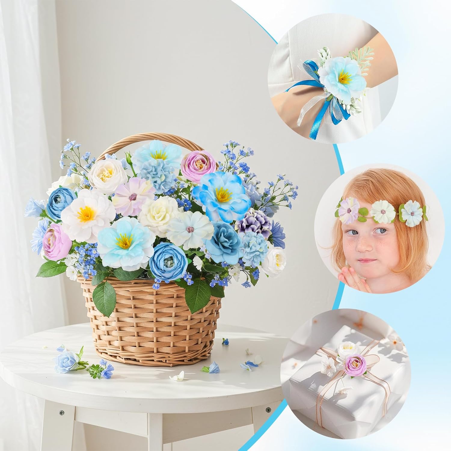 Mini Silk Flowrs Bulk Fake Flower Heads Small Flower 3D Loose Faux Daisy Rose Sunflowers Plum Blossoms Craft For Wedding Party Cake Baby Shower Home Decor, 110Pcs(Blue)