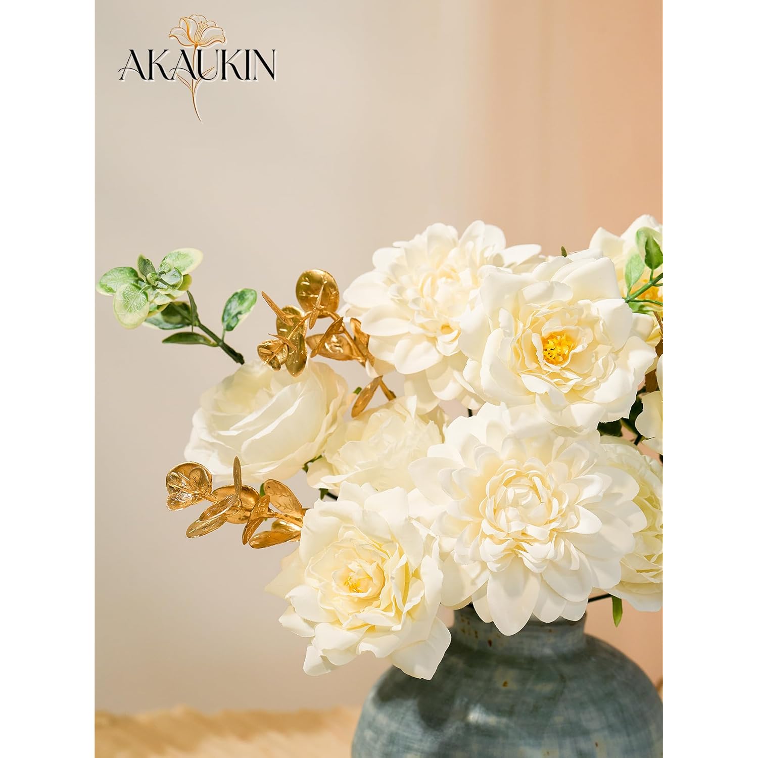 White Artificial Flowers Combo, Fake Silk Dahlia, Roses, Chrysanthemum Balls With Stems For Wedding Bridal Bouquets, Baby Shower, Party, Table Centerpieces, Home Decor & Diy Floral Arrangements