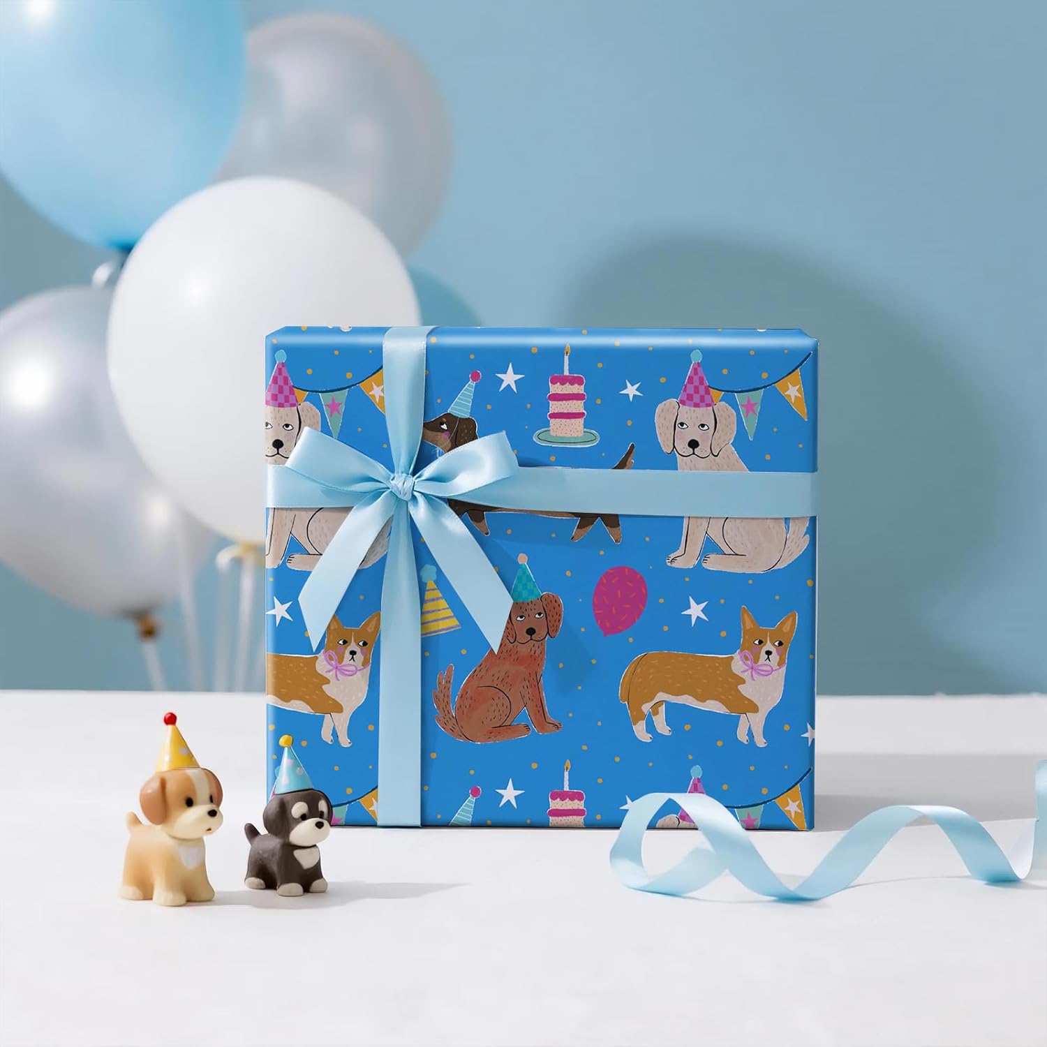 Dog Birthday Wrapping Paper Roll For Boys, Mini Roll, Cute Cartoon Dog With Party Hats, Cakes And Balloons Design, Blue Gift Wrap For Kids, Pet Lovers, Pet Birthday, 17 Inches X 16.4 Feet