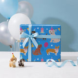 Dog Birthday Wrapping Paper Roll For Boys, Mini Roll, Cute Cartoon Dog With Party Hats, Cakes And Balloons Design, Blue Gift Wrap For Kids, Pet Lovers, Pet Birthday, 17 Inches X 16.4 Feet