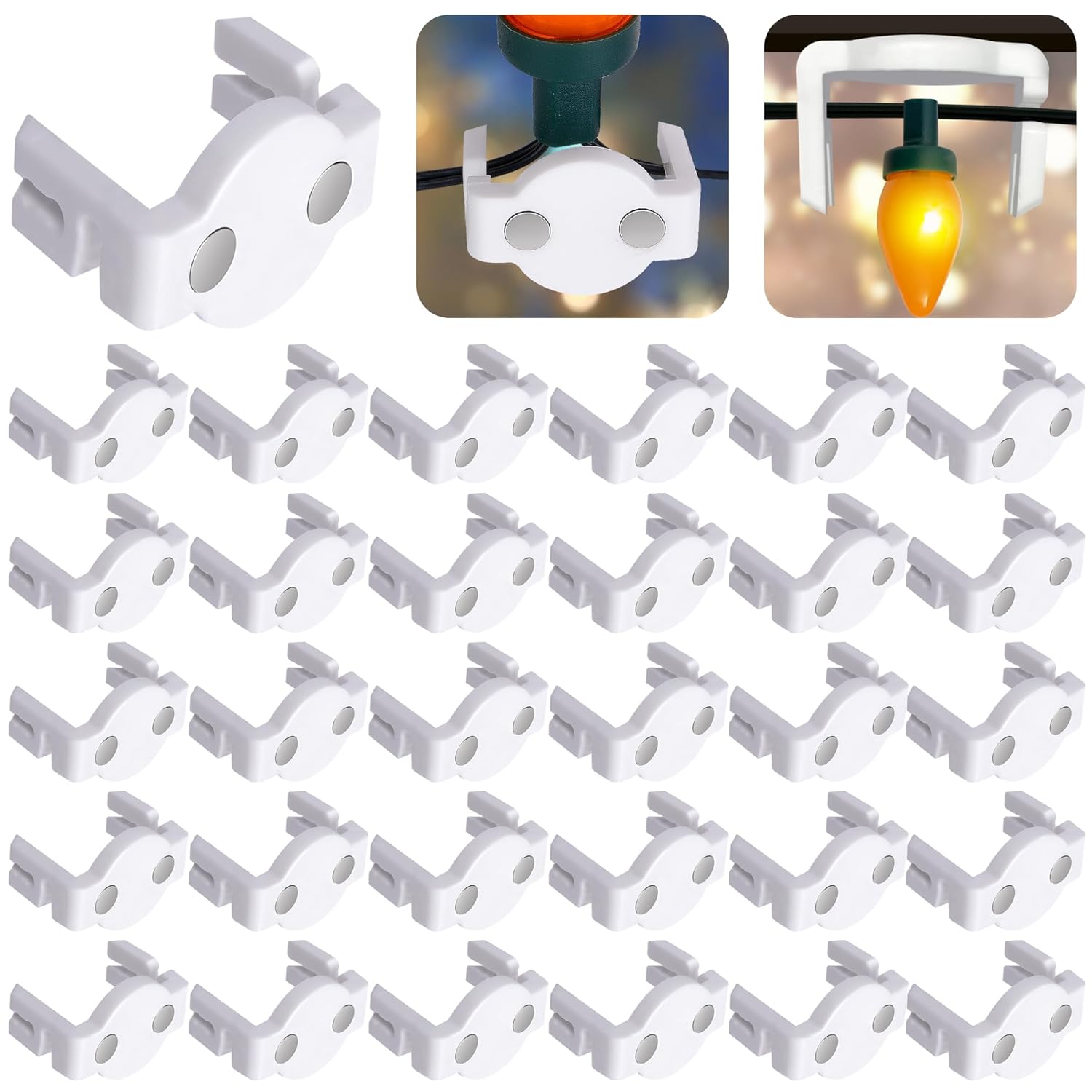Extra Strong Magnetic Christmas Light Clips- Magnetic Light Clips For C9 Socket- Magnetic Sockets Light Clips Hooks For String Light Outdoor Patio Lighting (60 Pcs, White)