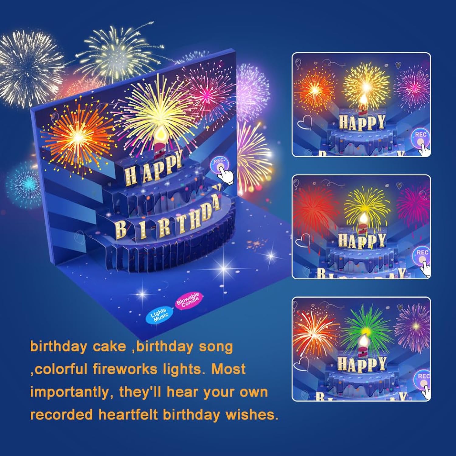 Birthday Cards With Recording Function Fireworks 3D Pop Up Blowable Led Candle Birthday Cake Light And Music Happy Birthday Greeting Cards Gift For Mom Women Sisters Grandma Kids Wife