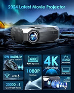 4K Projector, 20000L, 1080P, WiFi, Bluetooth, 400" Display, Portable, Smart