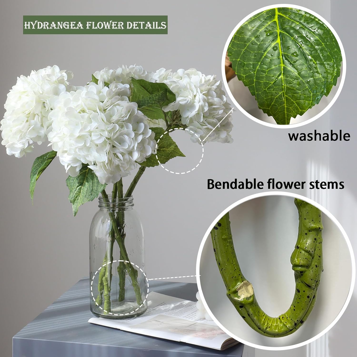 2Pcs Long Stem Big Size Flowers Artificial Silk Hydrangea Lifelike Flowers Real Touch White Artificial Flowers Wedding Shower Bride Bouquets Office Living Room Table Decorations (21 Inch)