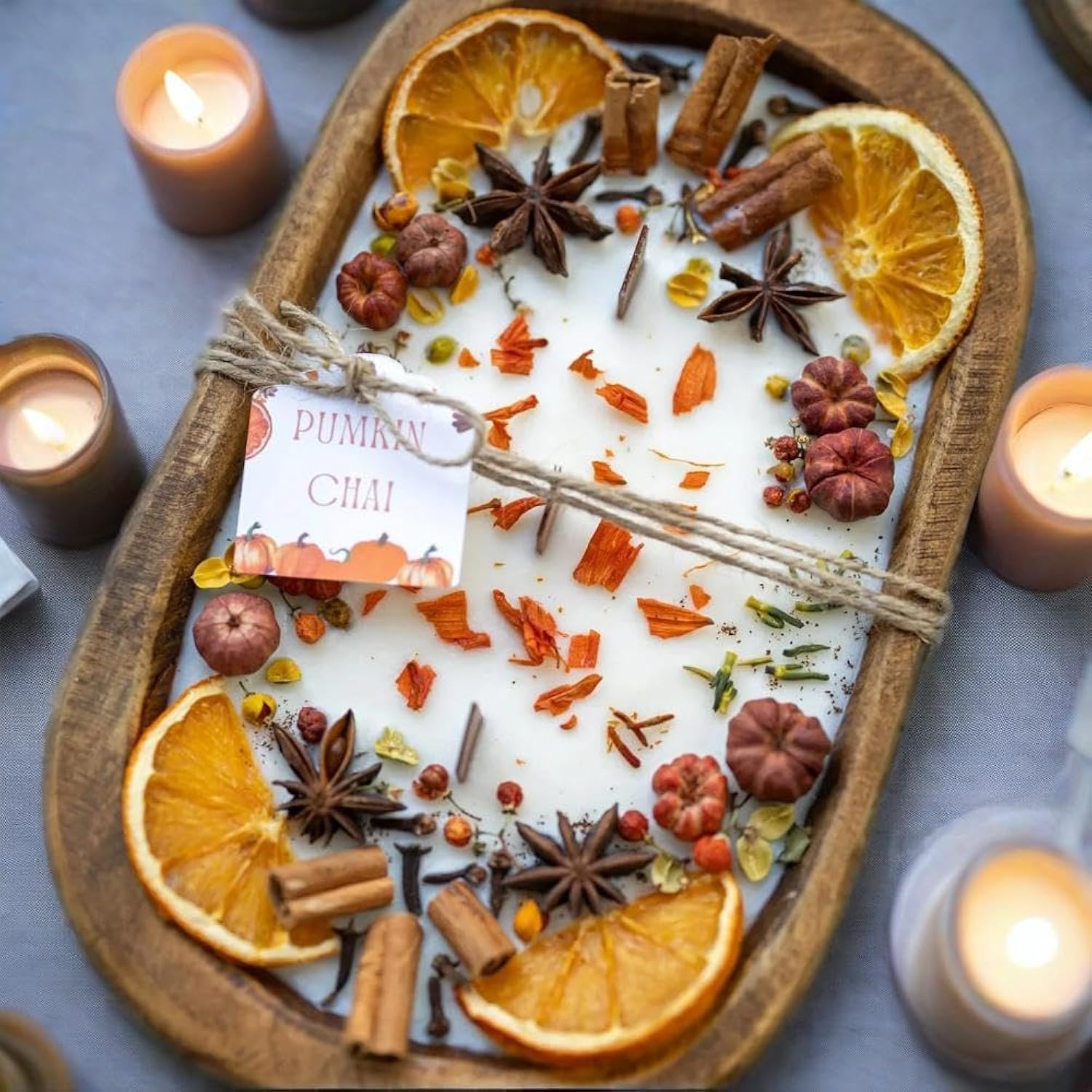 3 Wick Spice Decorated Scented Candle In Wooden Bowl - 20 Oz Aromatherapy Soy Wax Candle For Home Holiday Decor - Pumpkin Spice Cinnamon Clove Scented-Pum