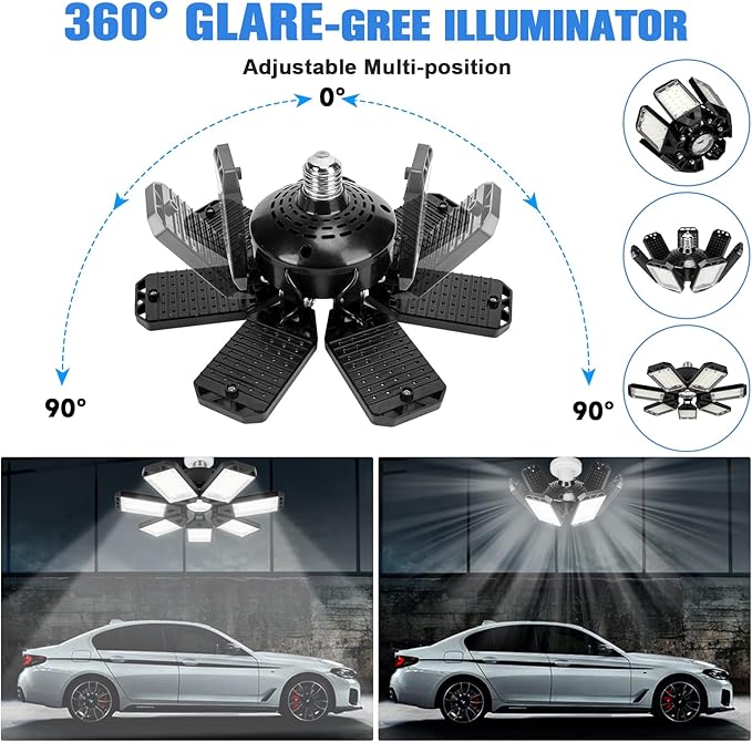 2 Pack 180W LED Garage Light Bulbs 18000LM 6500K Deformable Panel Shop Lights for E26 E27 Ceiling