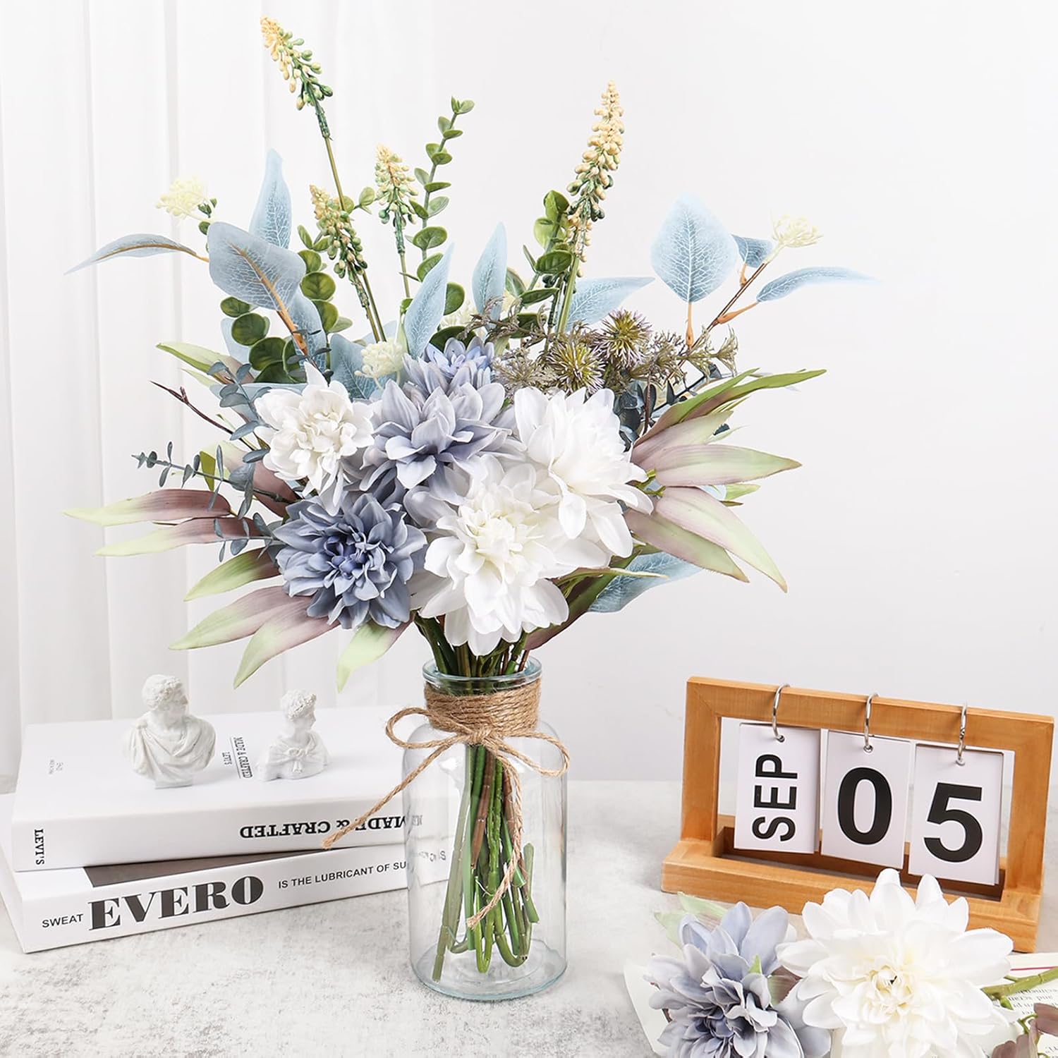 Fake Flowers In Vase Artificial Flowers Coffee Table Decor, Faux Flowers In Vase, Flower Arrangements Artificial Plants Silk Flowers For Home Decor Indoor Centerpiece Table Decorations (Blue White)