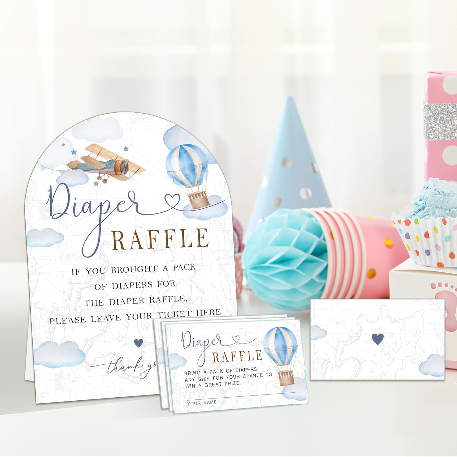 7" X 10" Baby Shower Decoration - Sky And Planes - 50 Pieces Of Diaper Raffle Tickets, And 1 Sign Baby Shower Game, Diaper Raffle Tickets, Suitable For Party Table Decoration & Games - A10