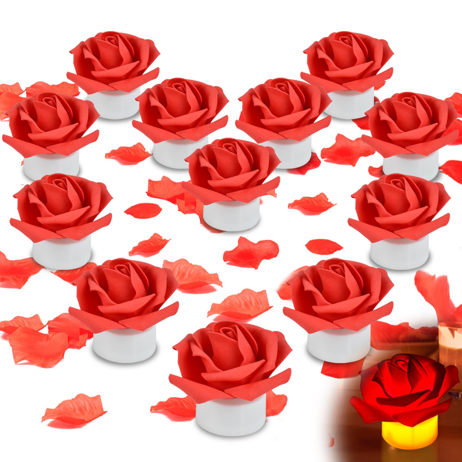 1000Pcs Rose Petals And Candles Set, 12Pcs Heart Battery Tea Lights, Red Led Tealight Candles, Romantic Decorations Special Night