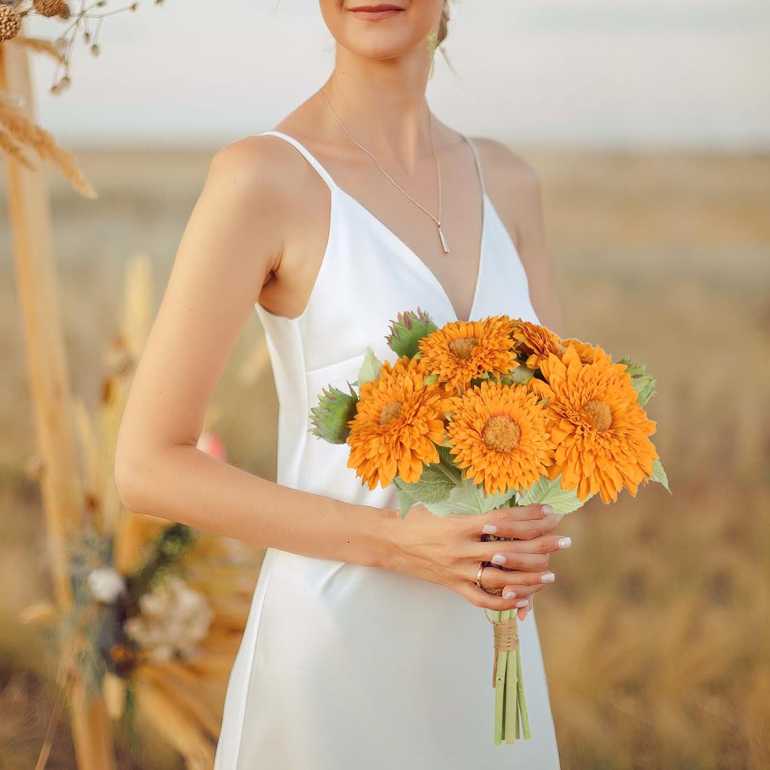Artificial Sunflower Bouquet With Long Stems Fake Sunflowers Silk Flowers With 5 Heads Faux Sunflower Bouquet For Wedding Party Home Office Decoration Dining Table Centerpiece (Orange1Bunches)